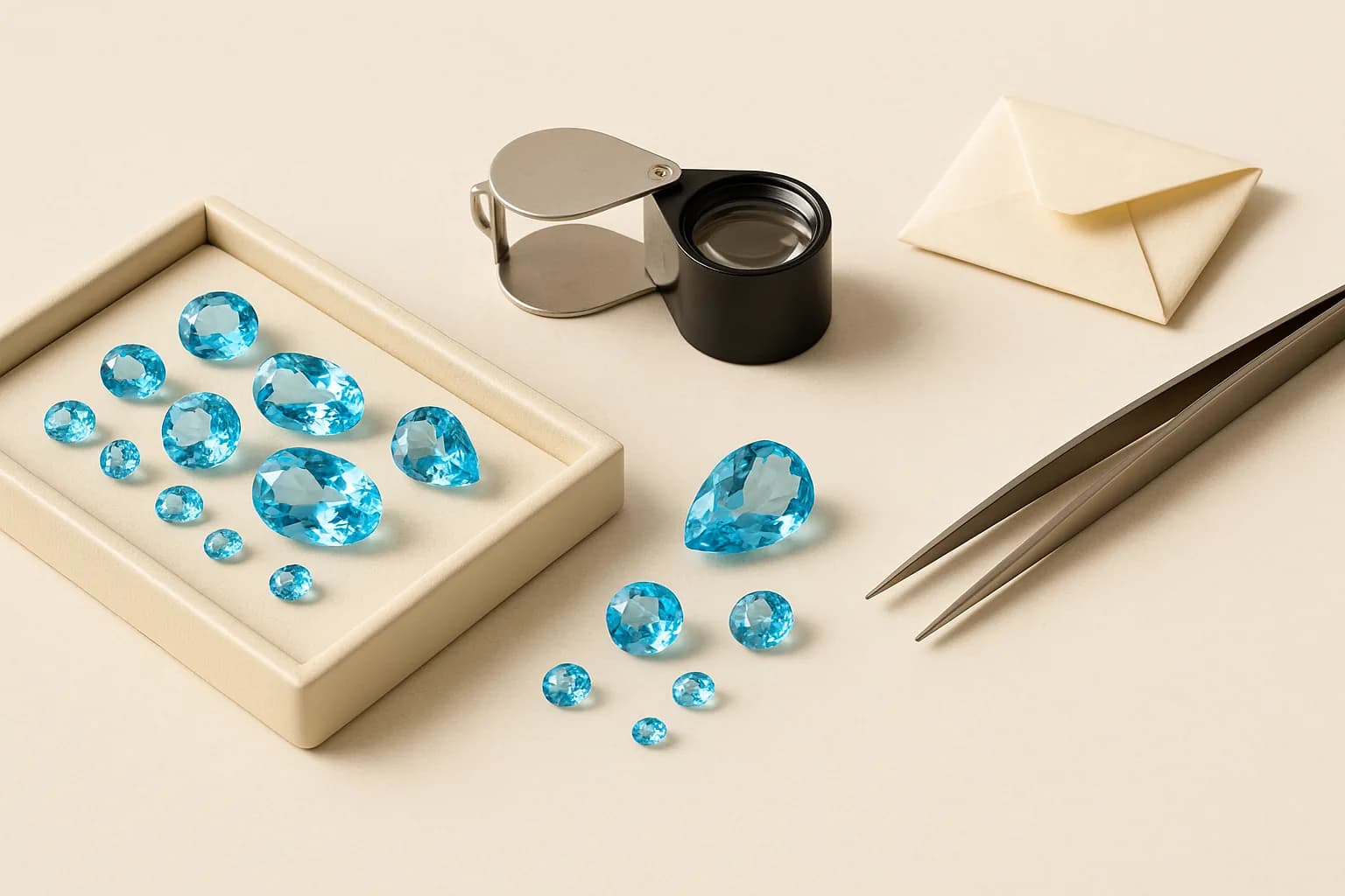 A gem tray of loose blue topaz in assorted sizes beside a jeweller's loupe, stone tweezers and folded paper parcels.