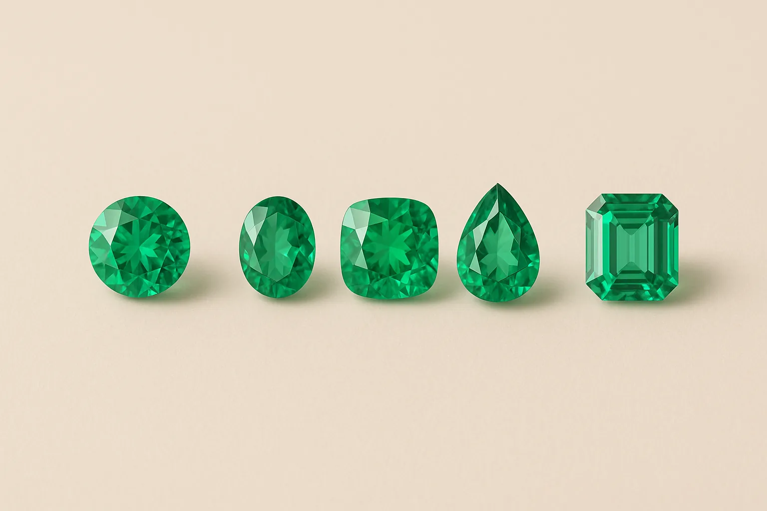 Five green tourmalines of identical color and size in a row, cut as a round brilliant, an oval, a cushion, a pear and an emerald cut.