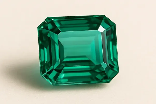 A single loose emerald-cut green tourmaline, resting alone on a warm ivory surface.