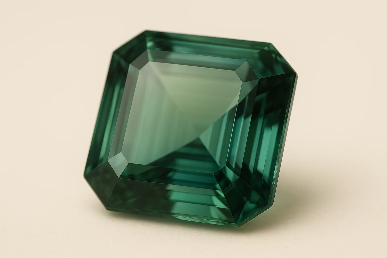 Extreme close-up of an emerald-cut green tourmaline, the green deepening through the stone with the step facets clearly visible.