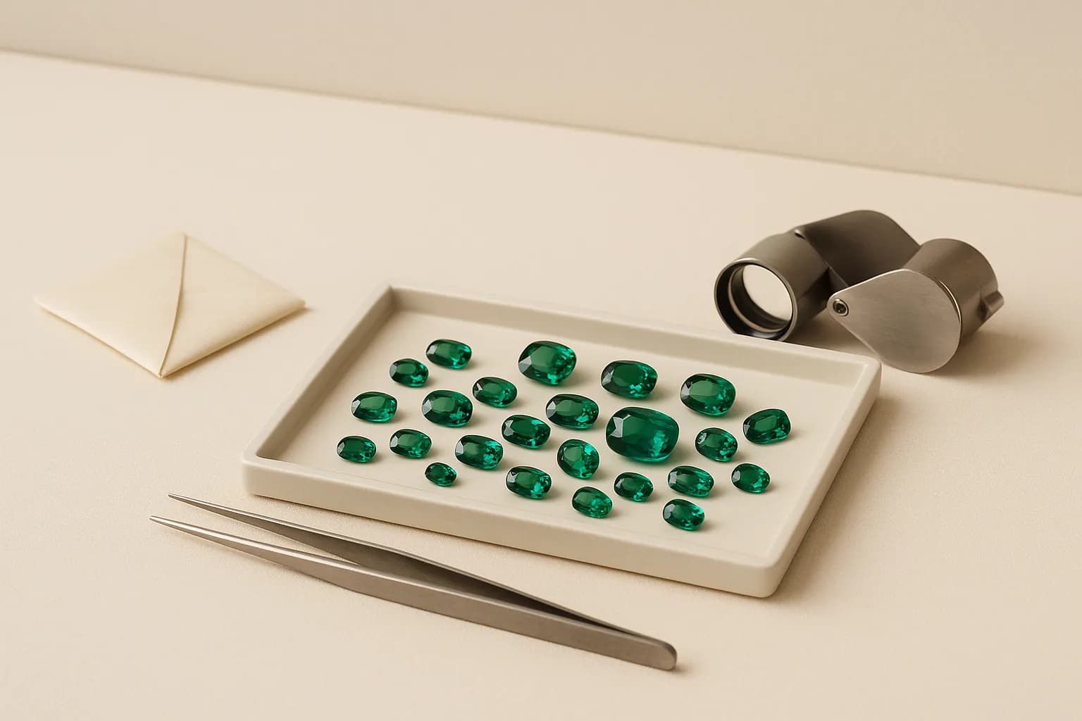 A gem tray of loose green tourmalines in assorted sizes beside a jeweller's loupe, stone tweezers and folded paper parcels.