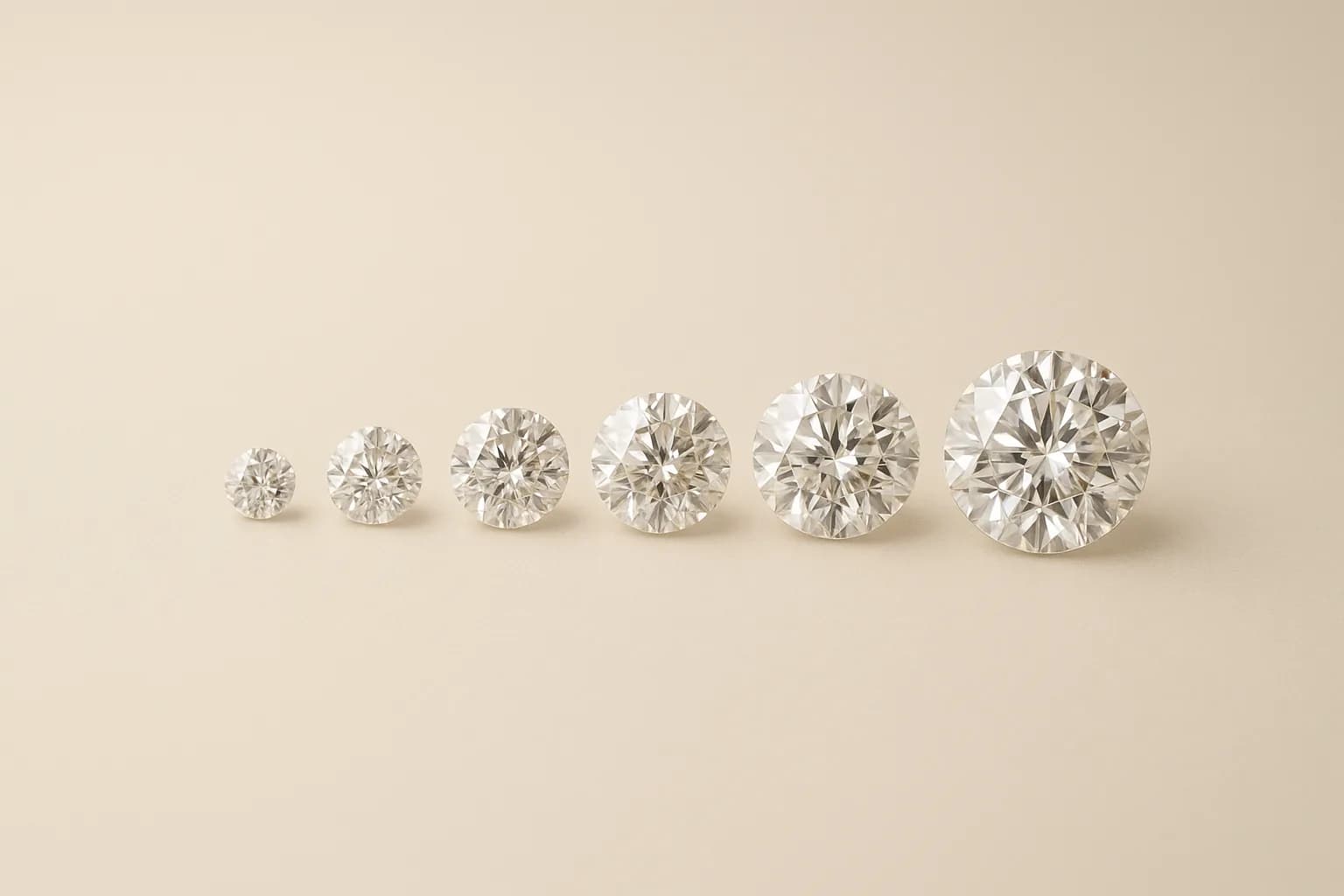 Six loose round brilliant diamonds in a row, ascending in carat weight, showing how little the diameter grows as the weight increases.