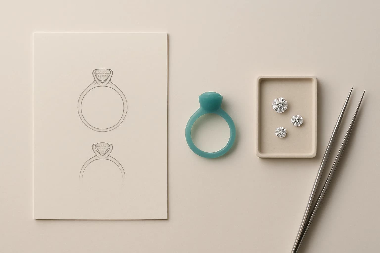 A jeweller’s bench from above: a pencil sketch of a ring, a carved wax model, three loose diamonds and fine tweezers.
