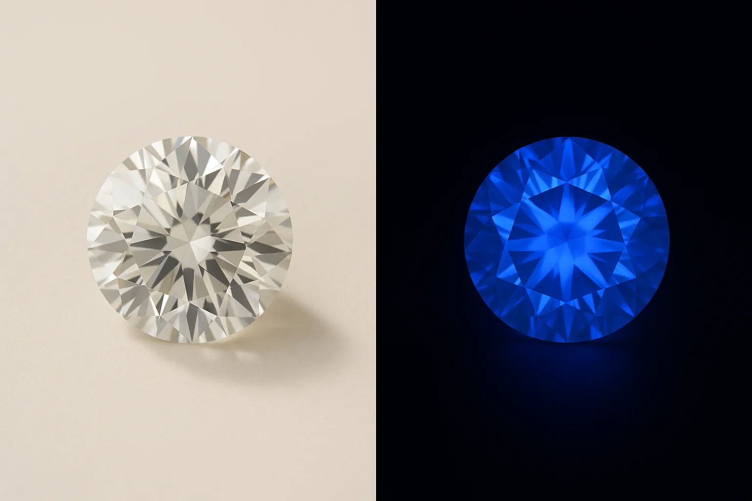 The same round brilliant diamond photographed twice: neutral white in daylight, and glowing soft blue under ultraviolet light.