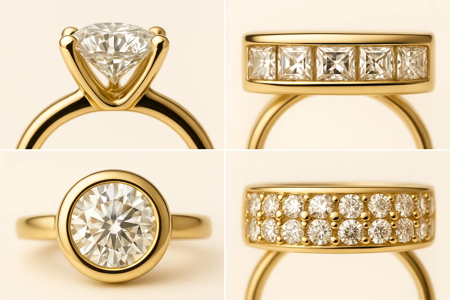 Four macro close-ups of diamond settings — prong, channel, bezel and pavé — showing how each one holds the stone.