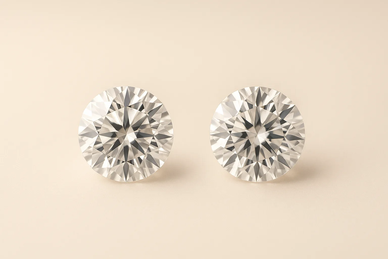 Two round brilliant diamonds of identical size and cut side by side, indistinguishable by eye — one natural, one lab-grown.