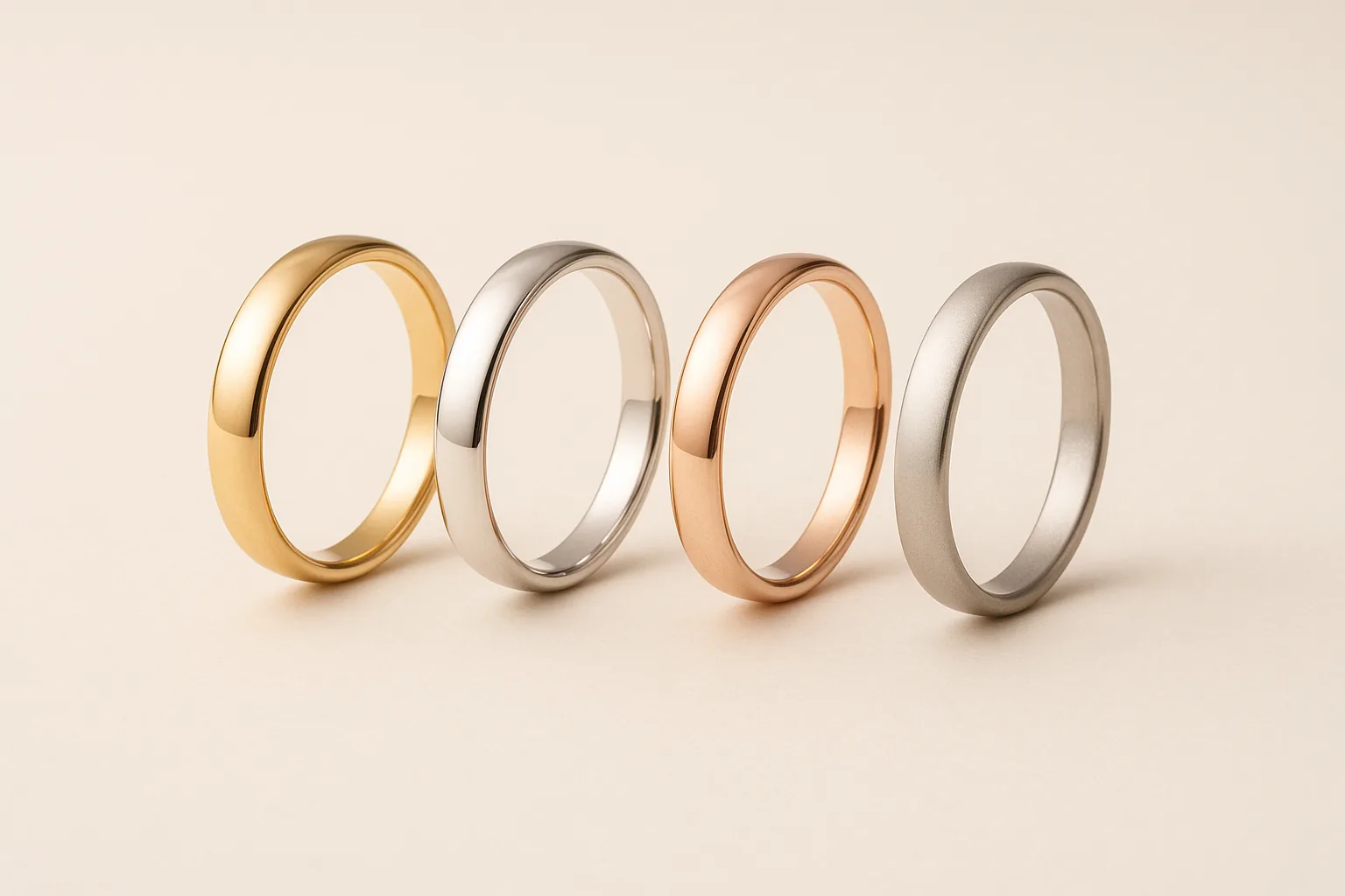 Four plain wedding bands standing in a row — yellow gold, white gold, rose gold and platinum — showing how the four metals differ in tone.