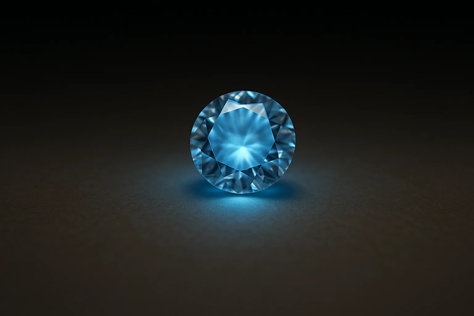 Um diamante brilhante redondo incolor em uma sala escurecida, brilhando em azul suave por dentro sob luz ultravioleta, com uma poça de luz azul na superfície embaixo dele.