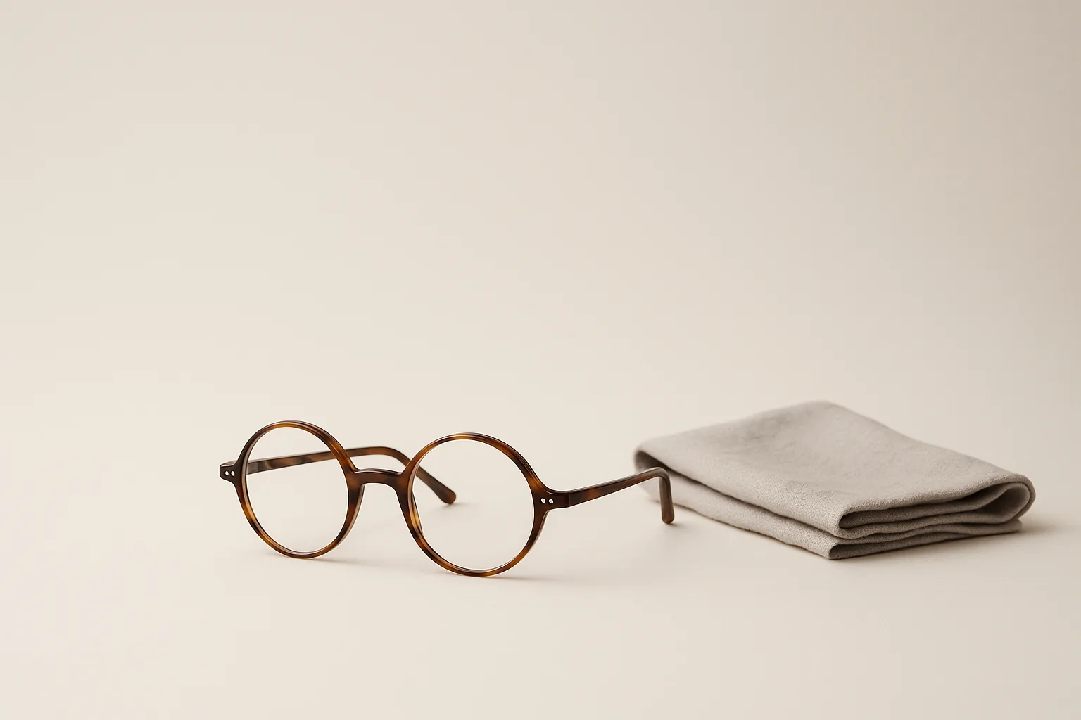 A pair of round reading spectacles resting open beside a folded cloth on a plain surface.