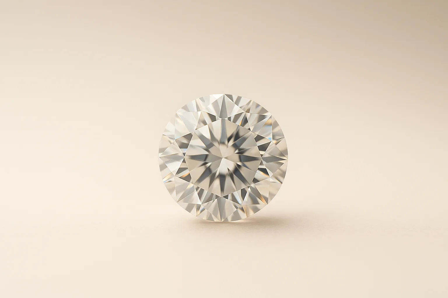 A round brilliant-cut diamond standing upright, its facets throwing flashes of colour.