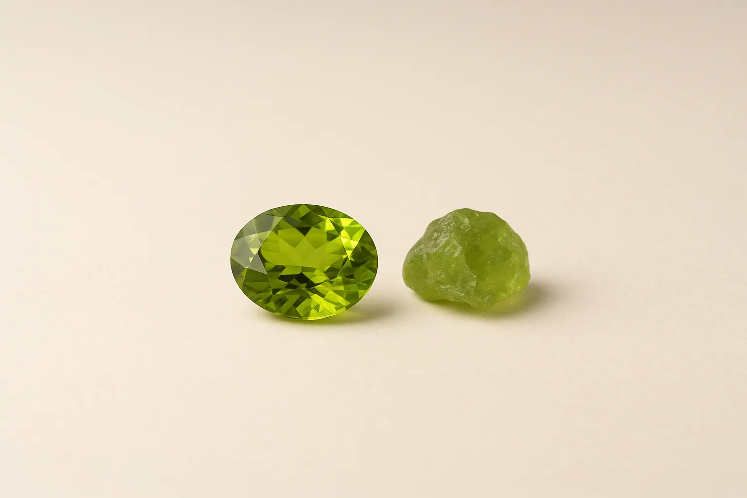 A faceted oval peridot of olive-lime green beside a piece of rough peridot.