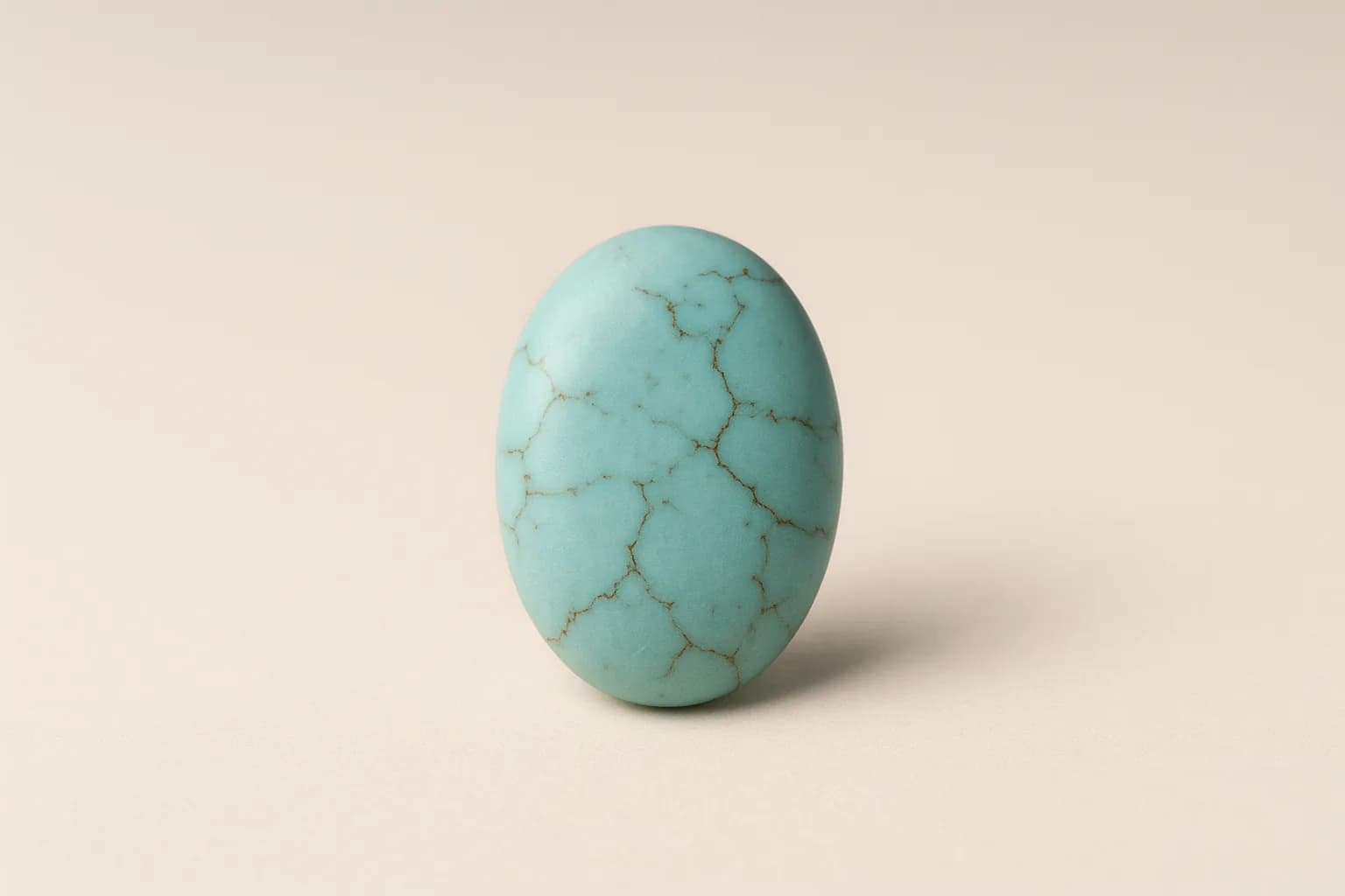 A polished oval turquoise cabochon of soft blue, veined with fine dark matrix.