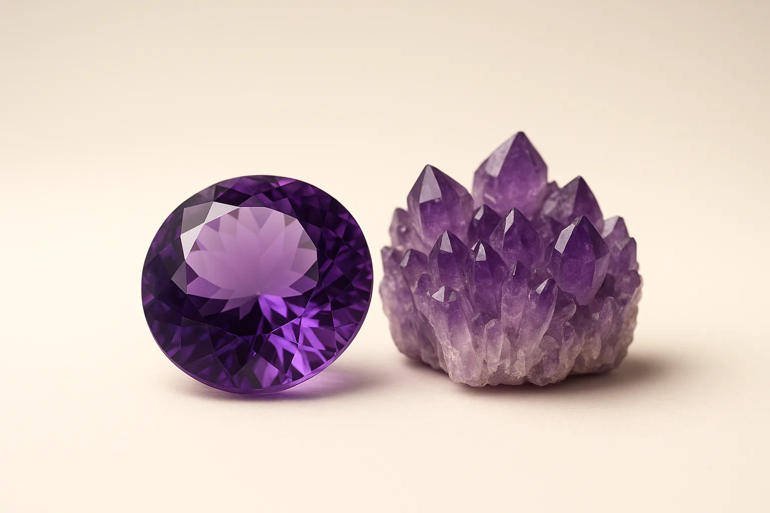 A large faceted violet amethyst beside a cluster of raw amethyst crystal points.