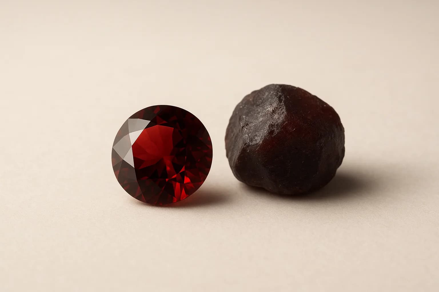 A faceted deep-red garnet beside a rough uncut garnet crystal.