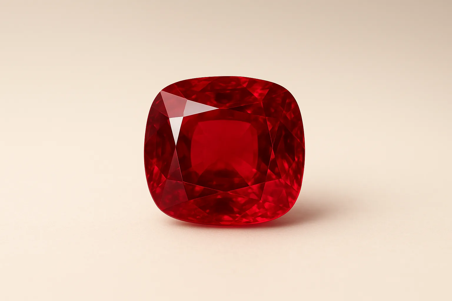 A faceted cushion-cut ruby of vivid red with a soft internal glow.