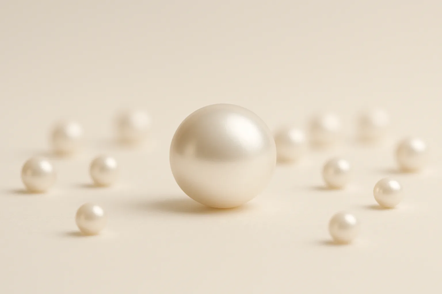 A large lustrous white pearl with a satin sheen, smaller pearls scattered softly around it.