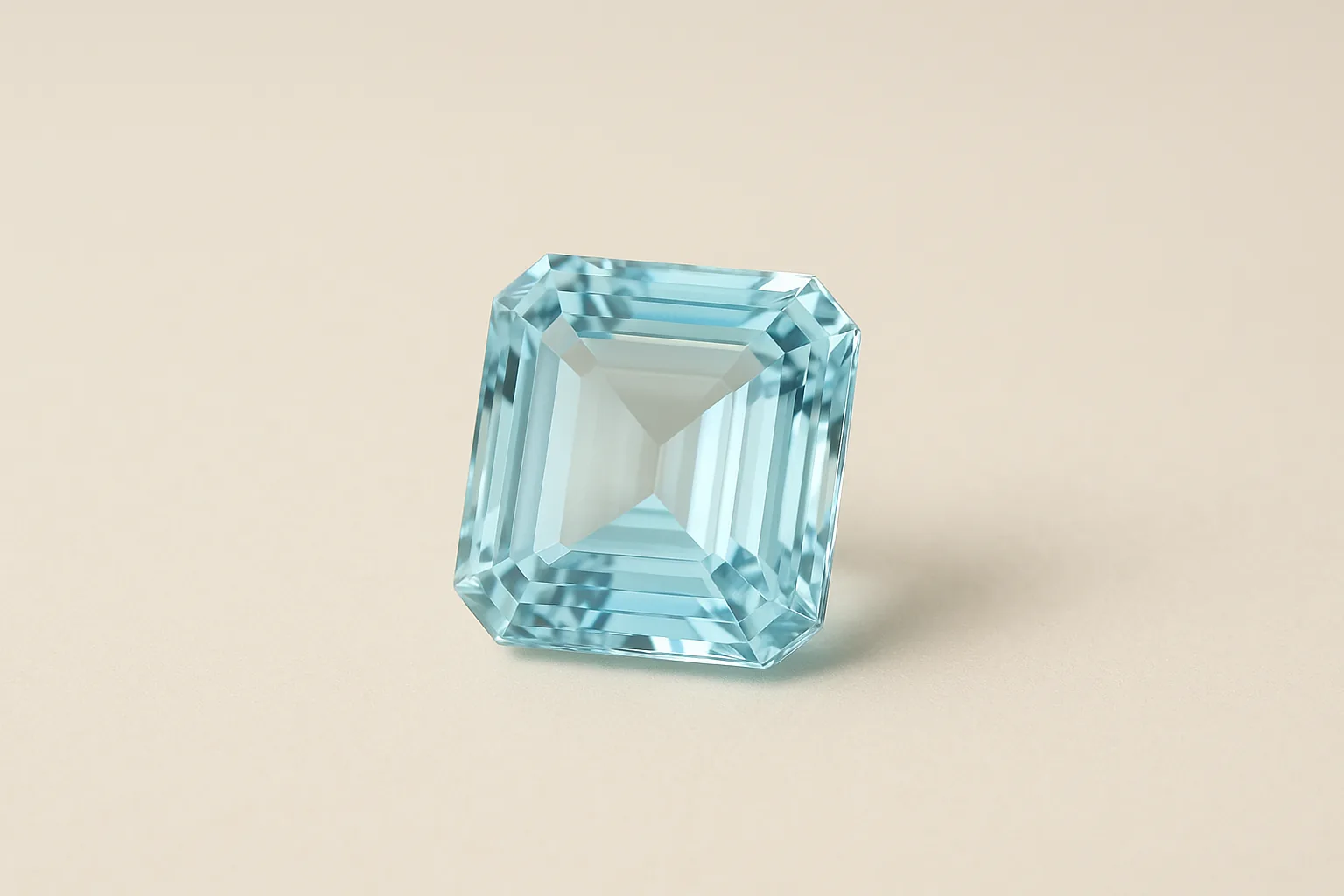 A large emerald-cut aquamarine of pale sea blue, exceptionally clear.