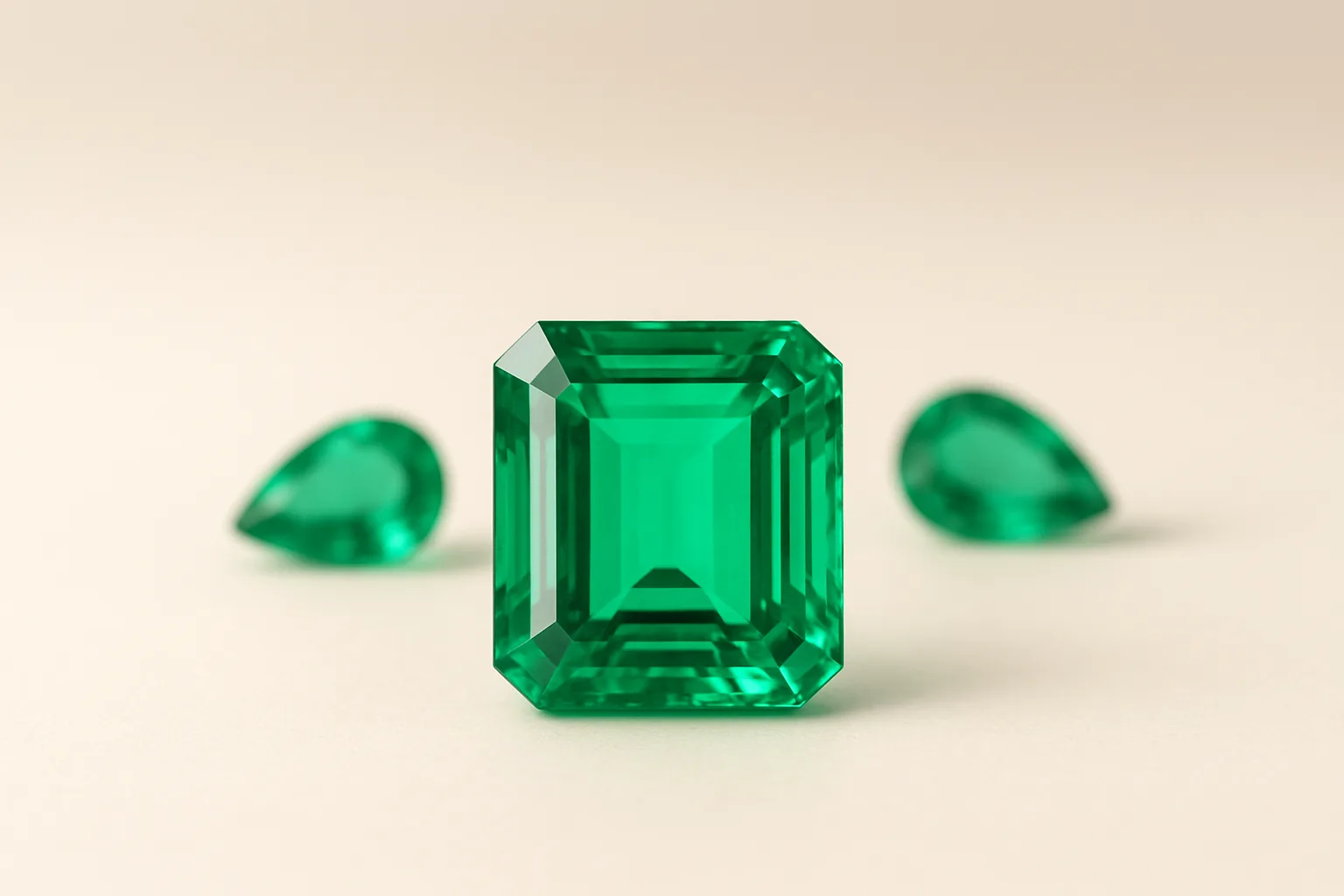 An emerald-cut emerald of vivid spring green, with smaller pear-cut emeralds behind it.