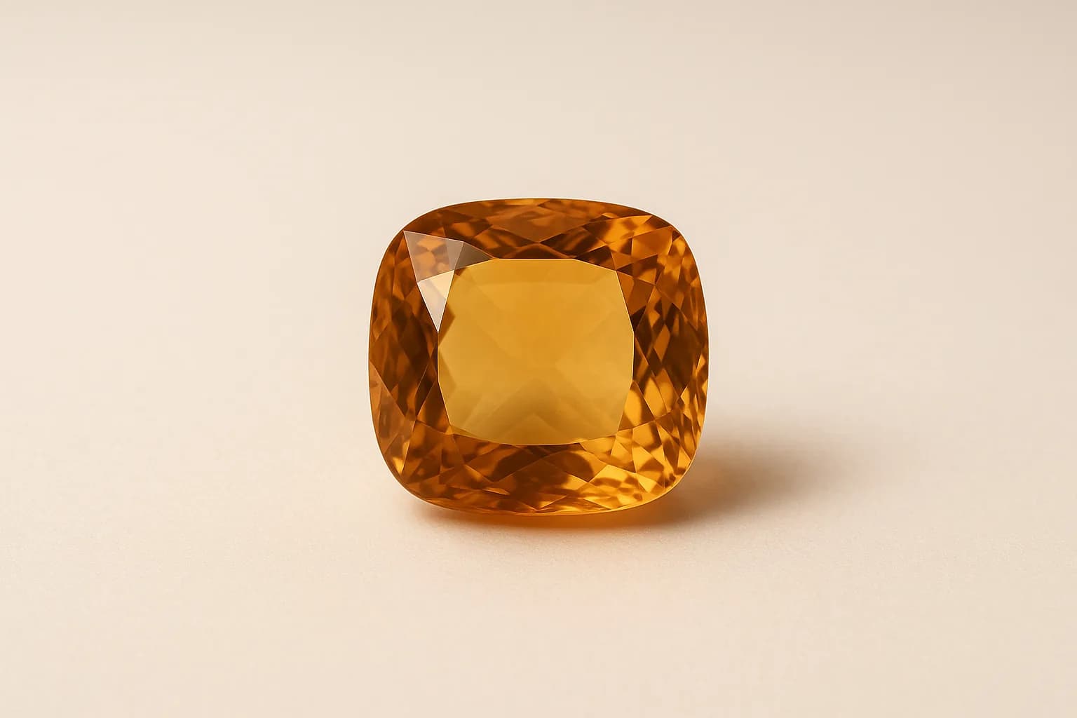 A large faceted cushion-cut topaz of warm golden amber, clear and glowing.