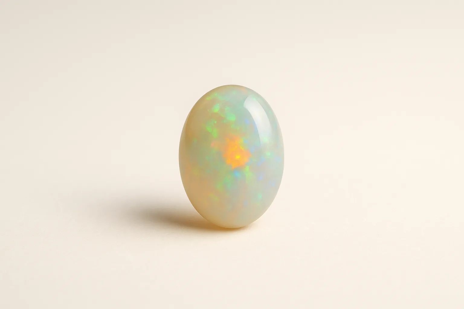 A large oval opal cabochon flashing green, orange and blue across its dome.