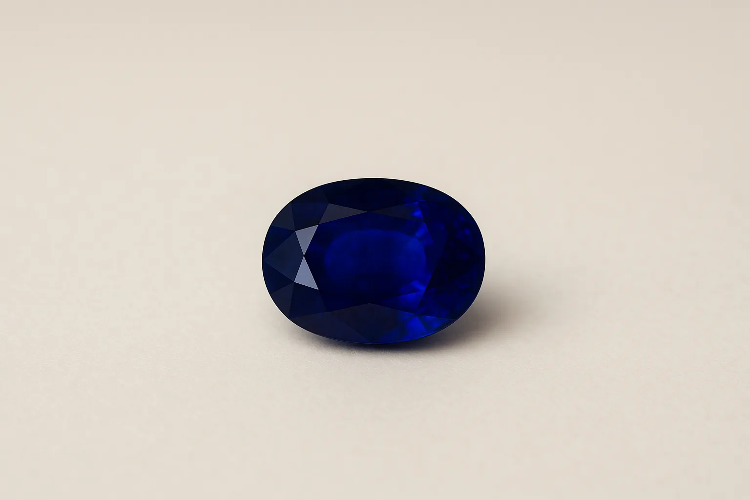A faceted oval sapphire of deep royal blue, velvety and richly saturated.