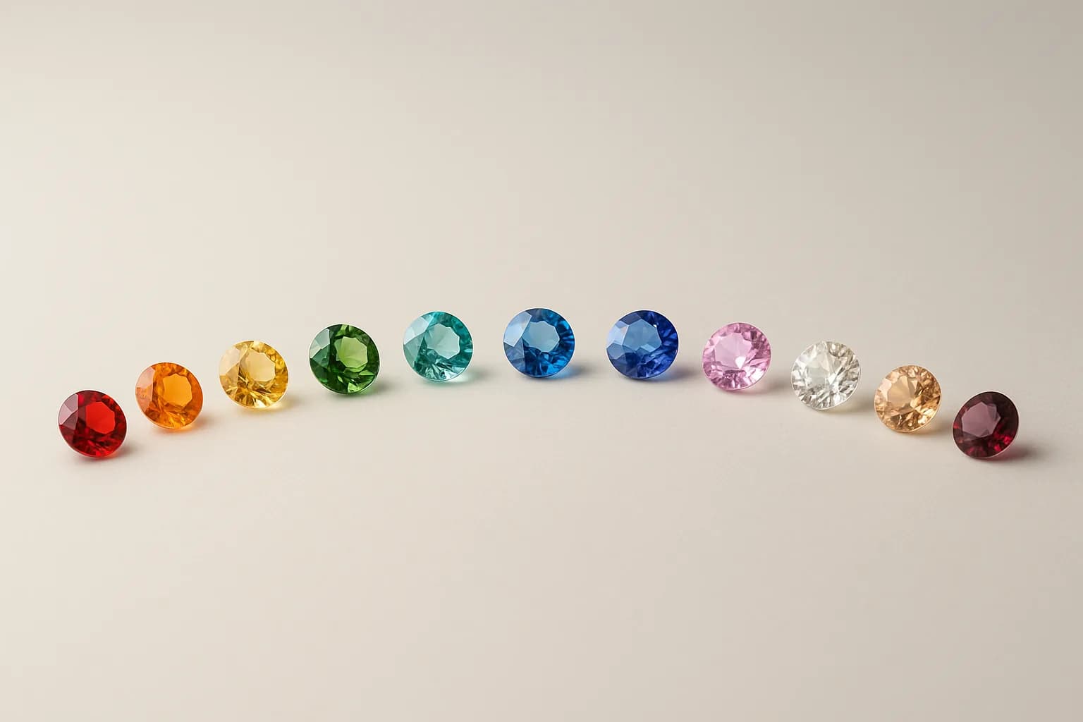 A curving row of small faceted gemstones in many colours, from red and orange through green and blue to pink and gold.