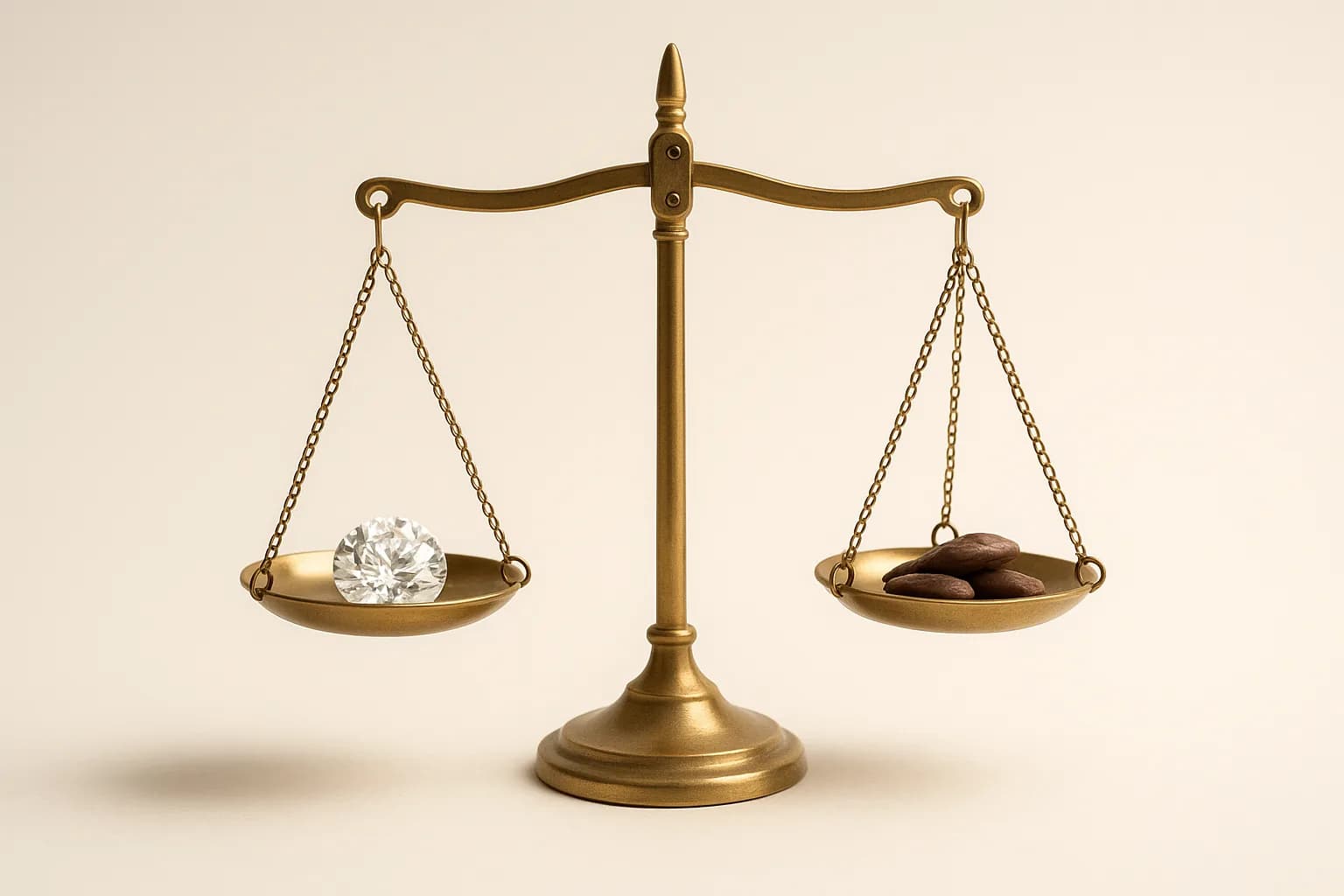 A small brass balance scale weighing a loose diamond against carob seeds, the origin of the carat.