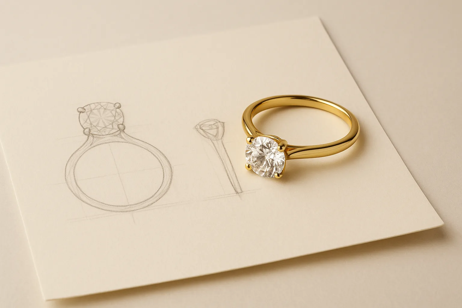 A pencil sketch of an engagement ring on cream paper, a finished gold ring resting on the sheet.