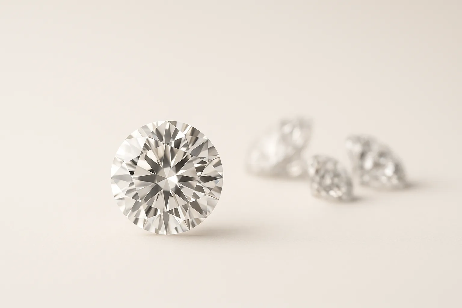 A round brilliant-cut diamond standing upright, with smaller loose diamonds behind it.