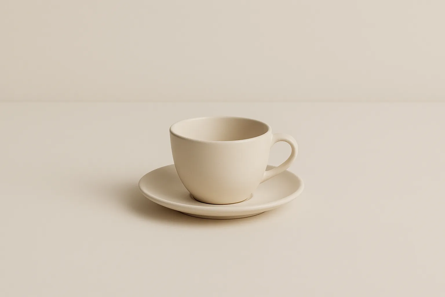 A plain cream cup and saucer on a matching surface, seen from above.