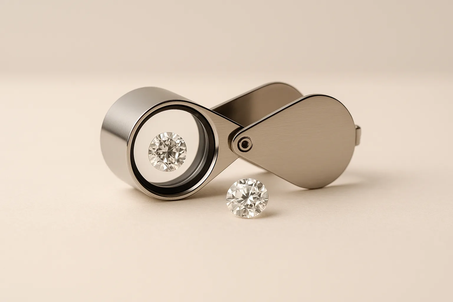 A jeweller’s loupe magnifying a loose round brilliant diamond to reveal its interior.