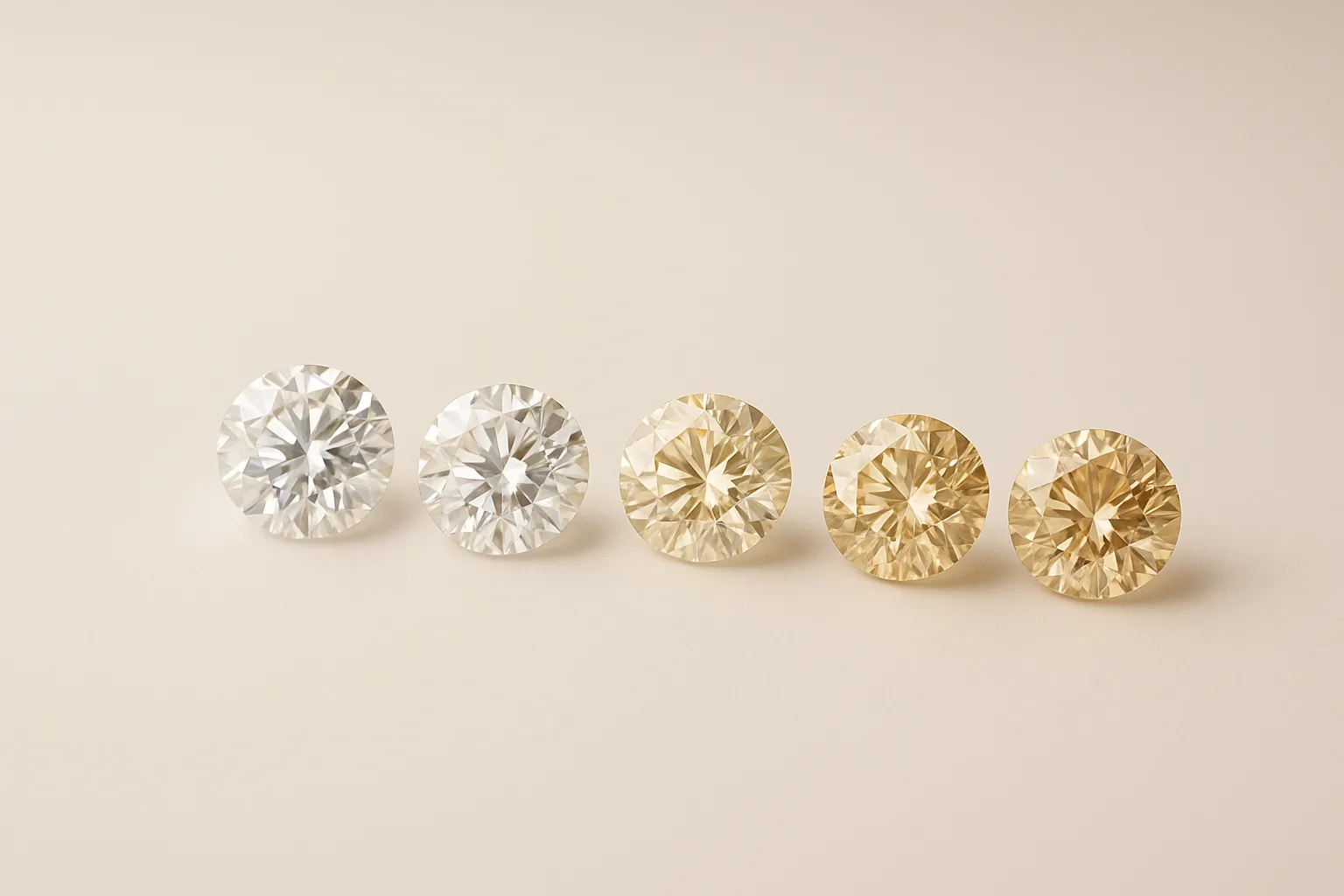 Loose round brilliant diamonds in an arc, graduating from icy colourless to a faint warm tint.
