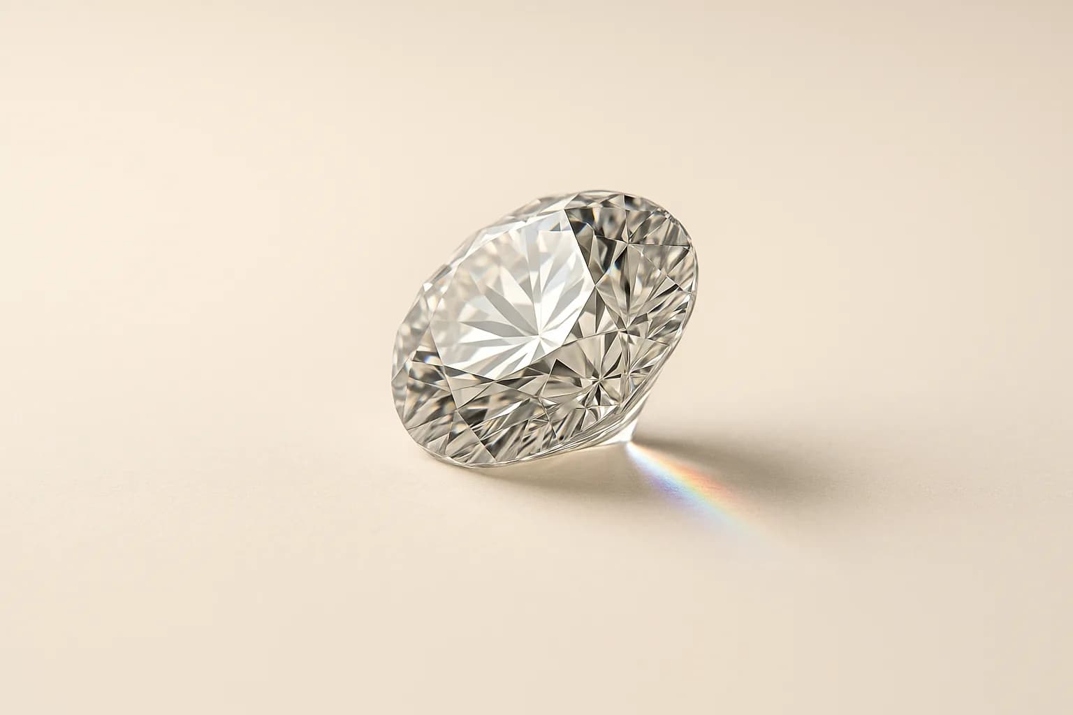 A round brilliant diamond seen from a low angle, casting a fan of spectral light beside it.