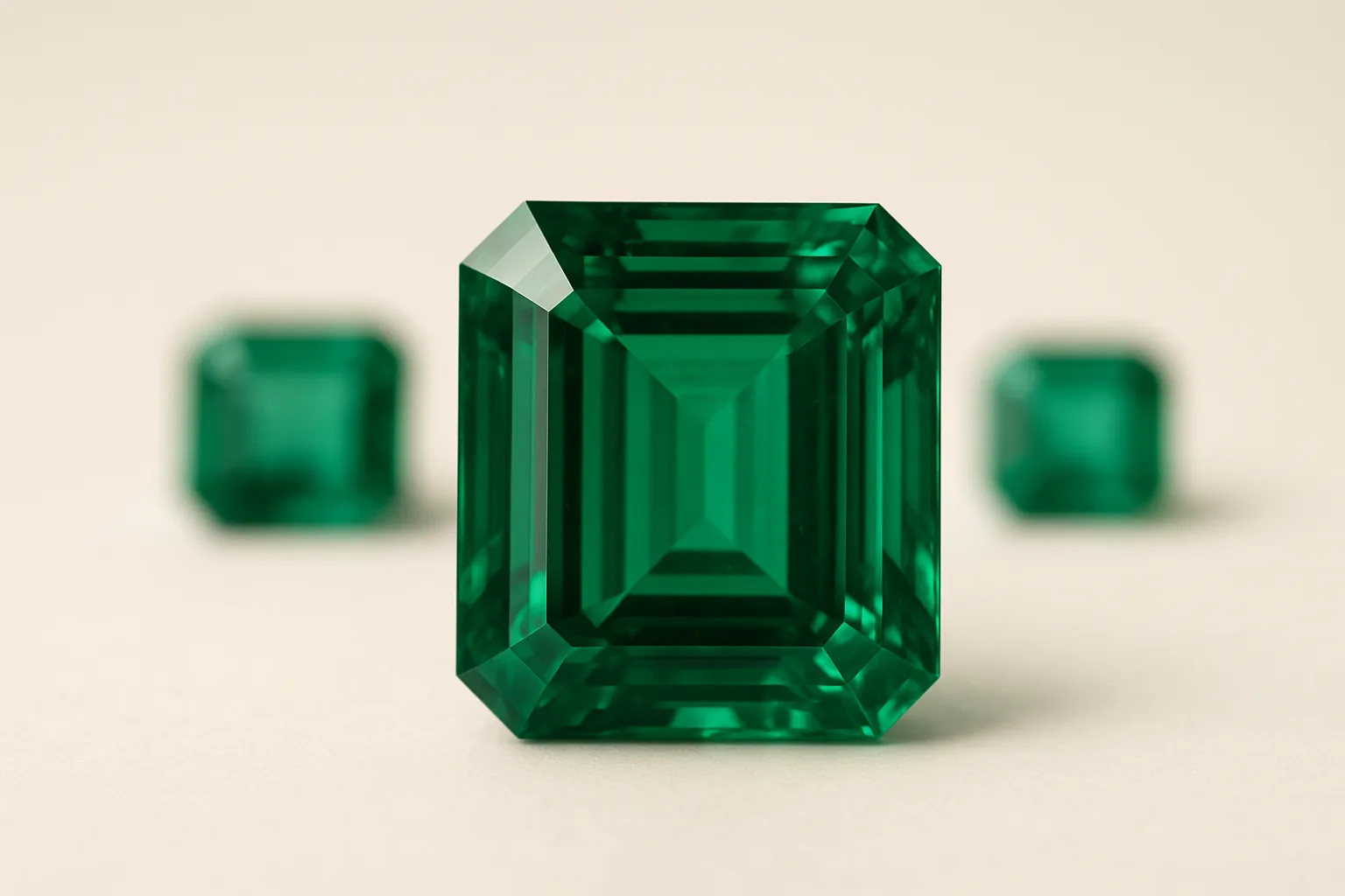 A large emerald-cut emerald of deep green with crisp step facets, smaller emeralds behind.