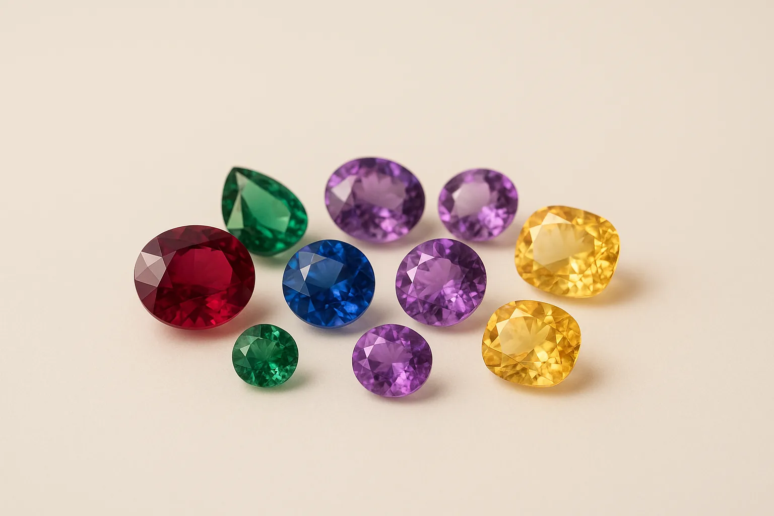 Loose faceted gemstones in many colours grouped together, each stone distinct.