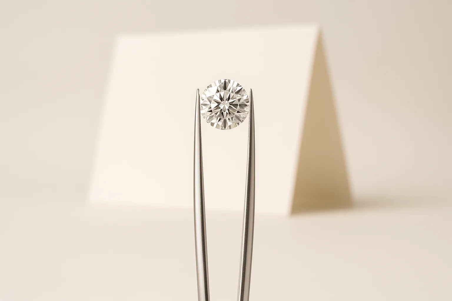 Jeweller’s tweezers holding a round brilliant diamond, a blank folded card behind.