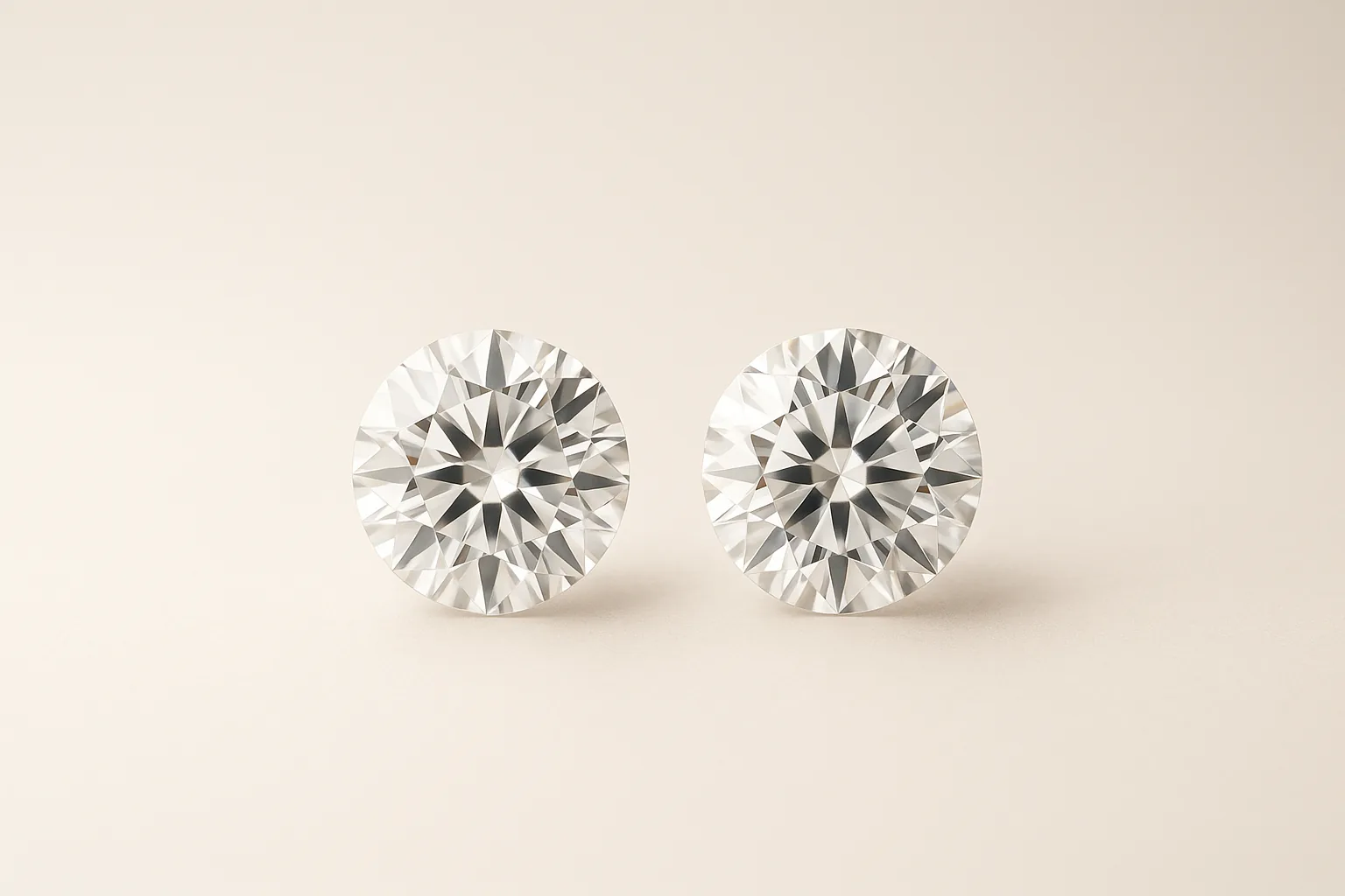 Two identical round brilliant diamonds side by side, indistinguishable from one another.