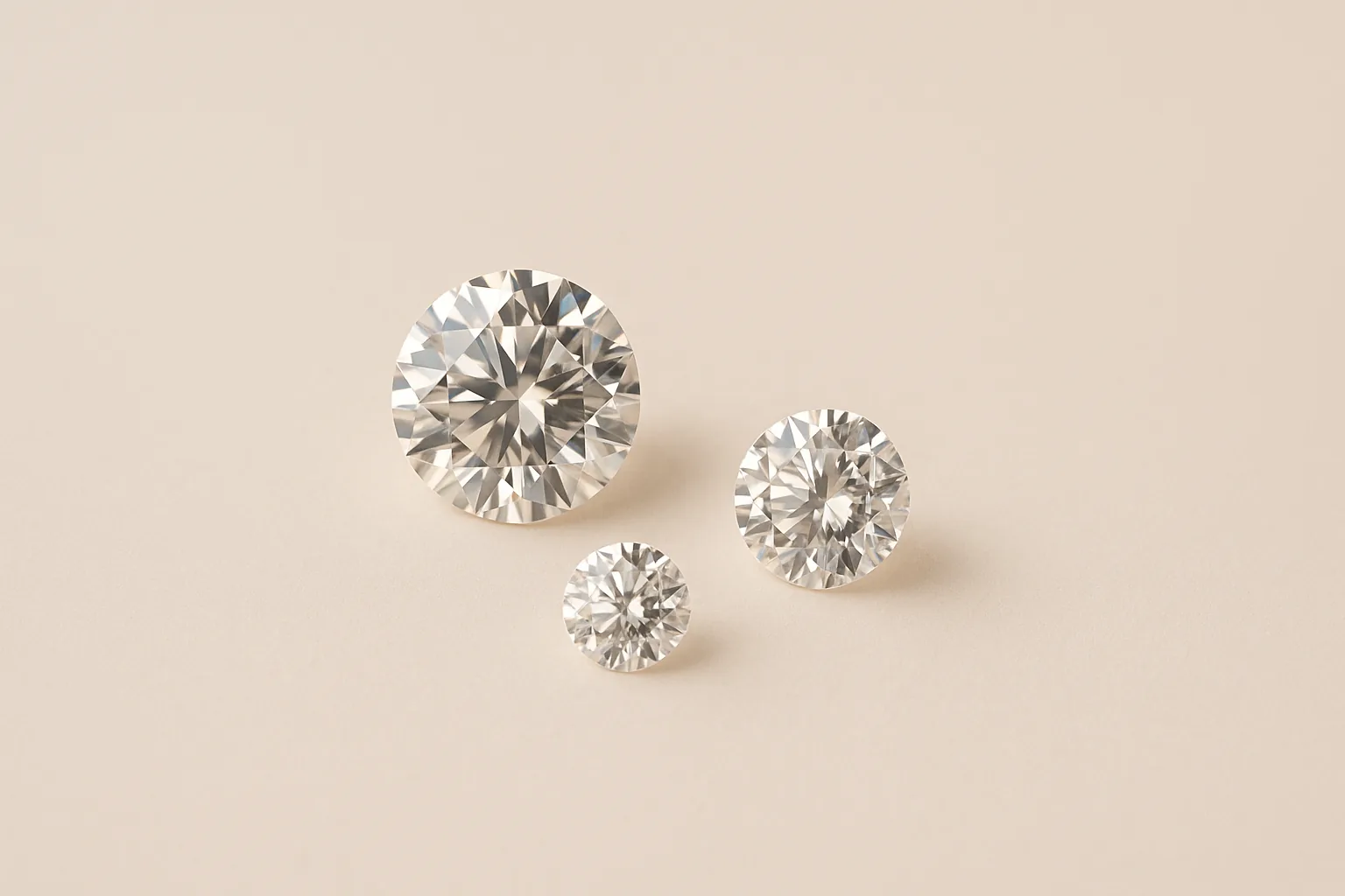 Three loose round brilliant diamonds of different sizes, spaced apart on a plain surface.