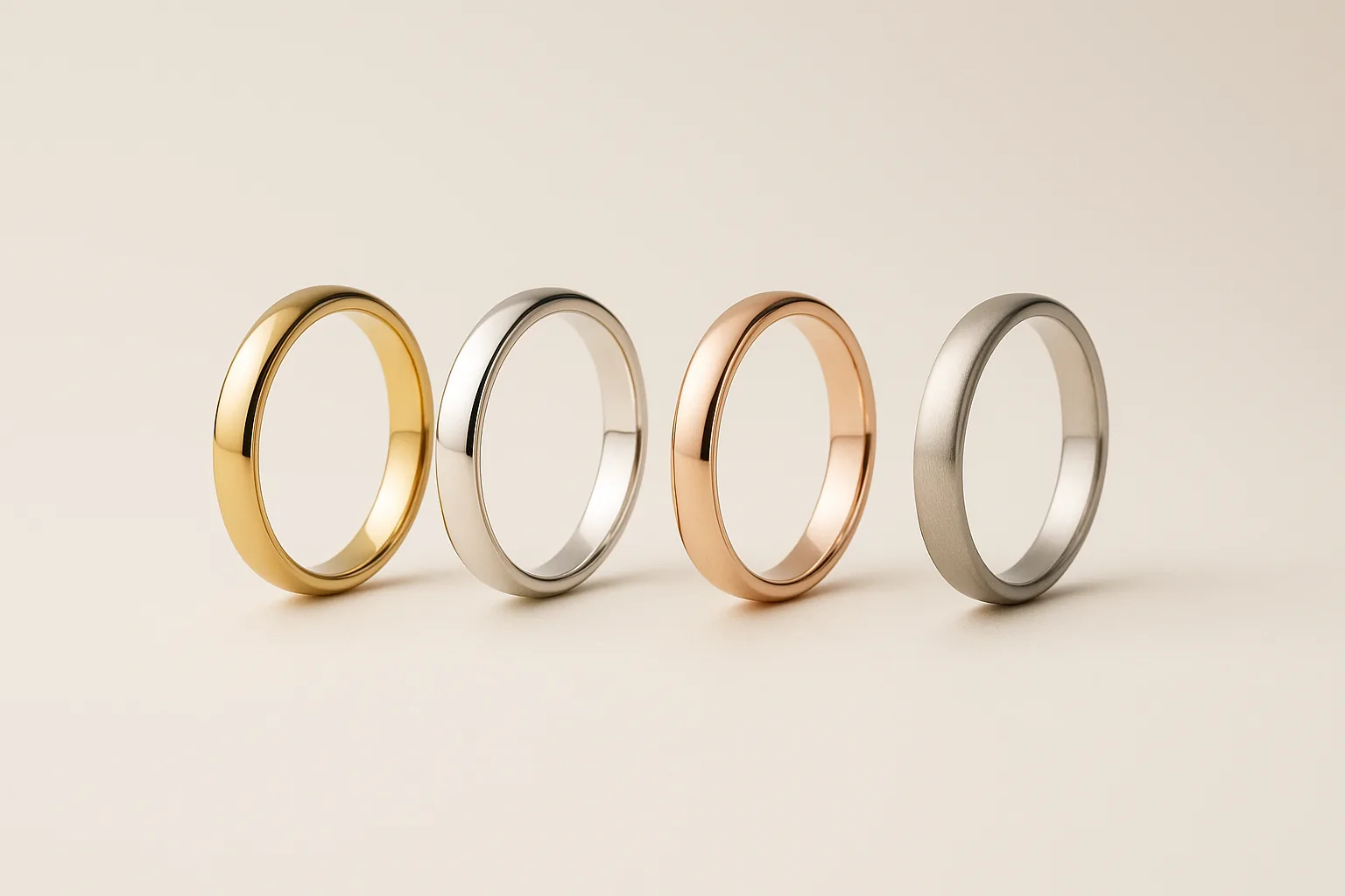 Four plain wedding bands in a row — yellow gold, white gold, rose gold and platinum.