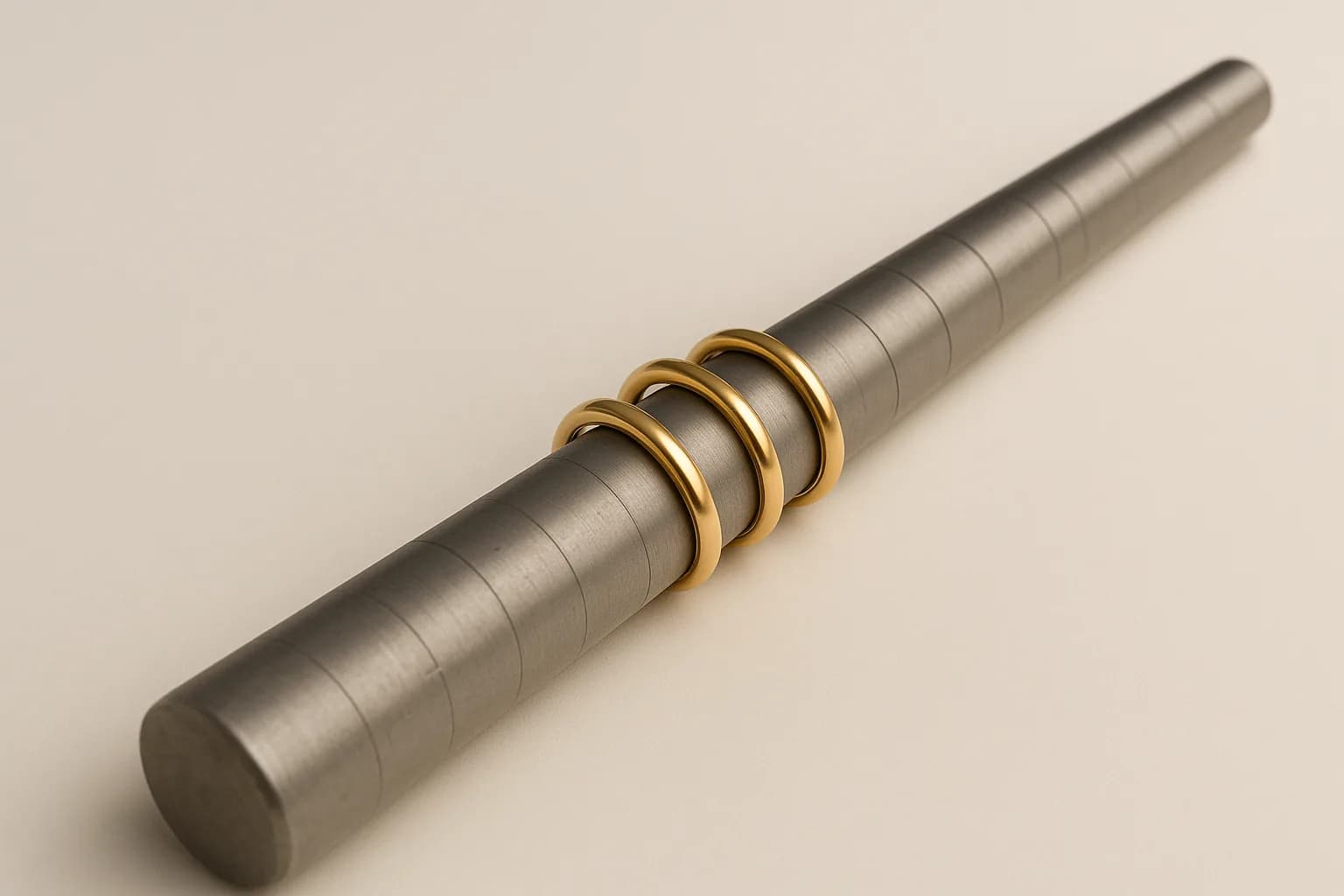 A steel ring mandrel lying at an angle with plain gold bands of different sizes resting along its taper.
