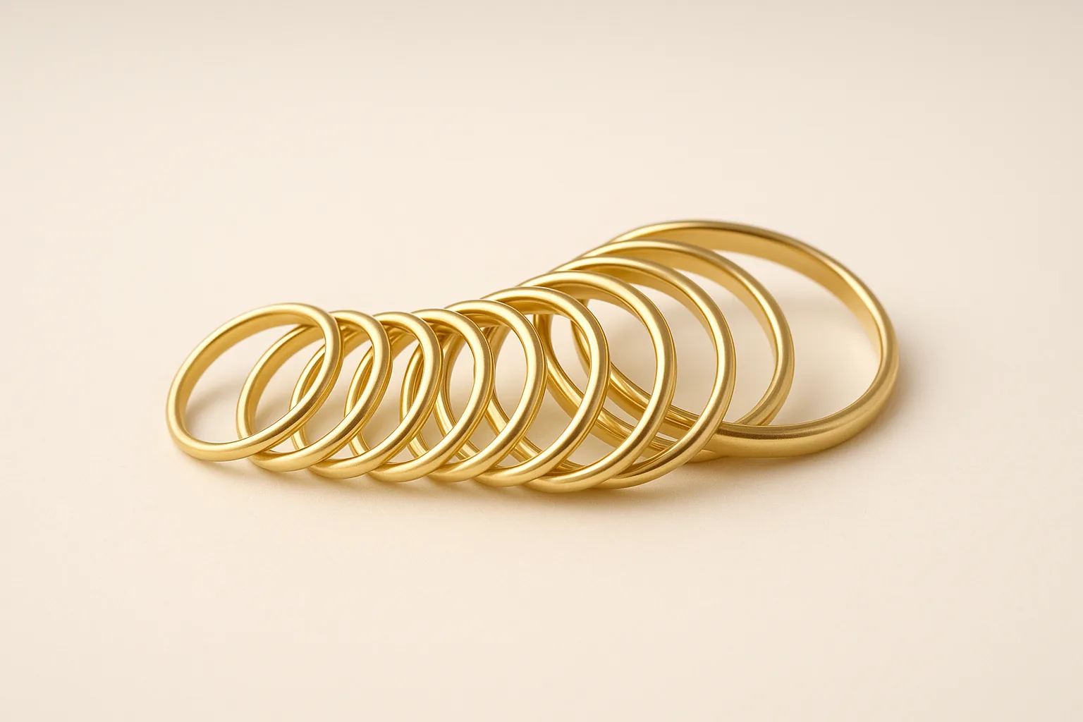 Plain gold sizing bands of graduating diameters, fanned out in an even arc.