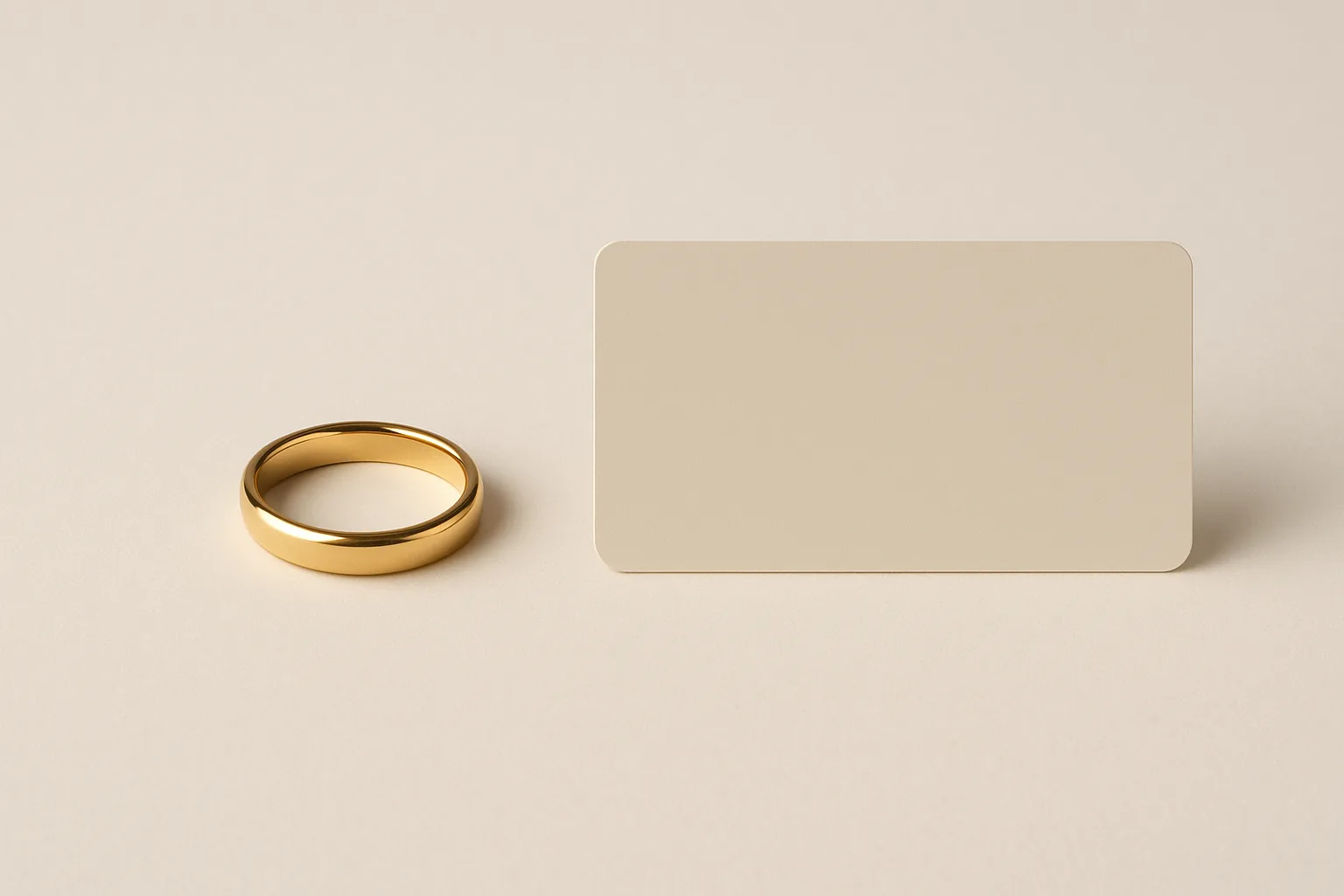 A plain gold band lying beside a blank card of credit-card proportions, both lit evenly.