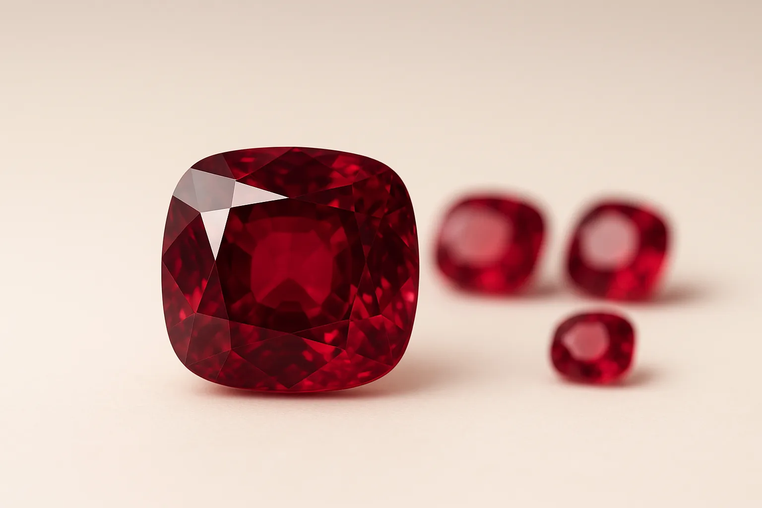 A large faceted cushion-cut ruby of deep crimson, with smaller rubies behind it.