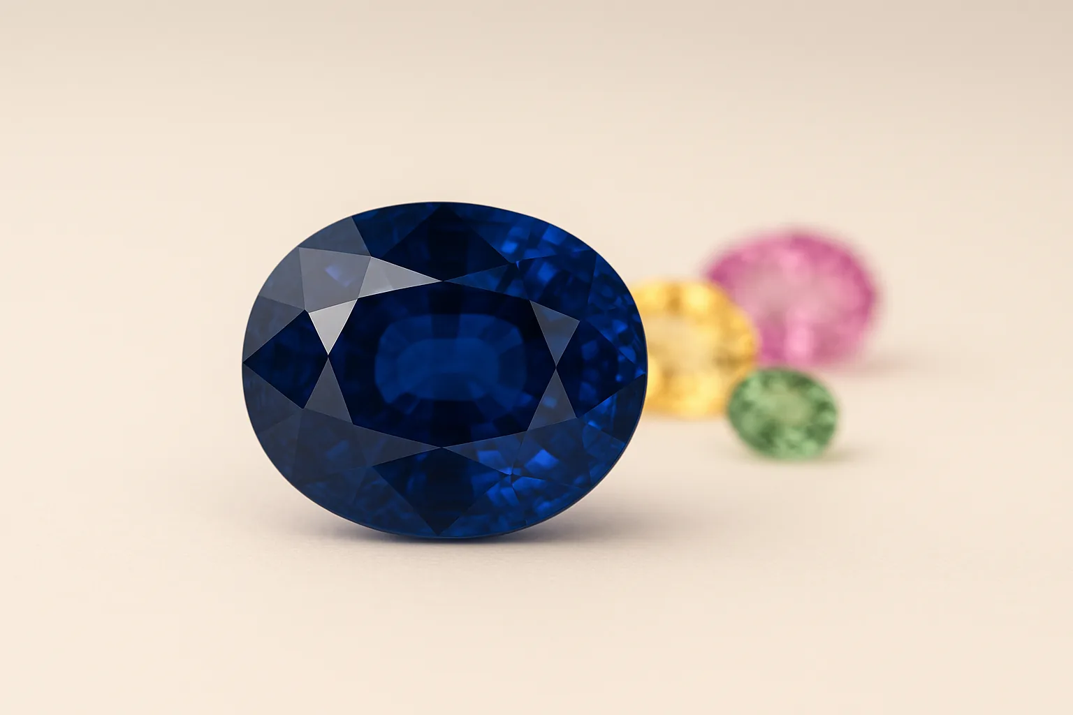 A large faceted oval sapphire of deep blue, with smaller sapphires in other colours behind it.