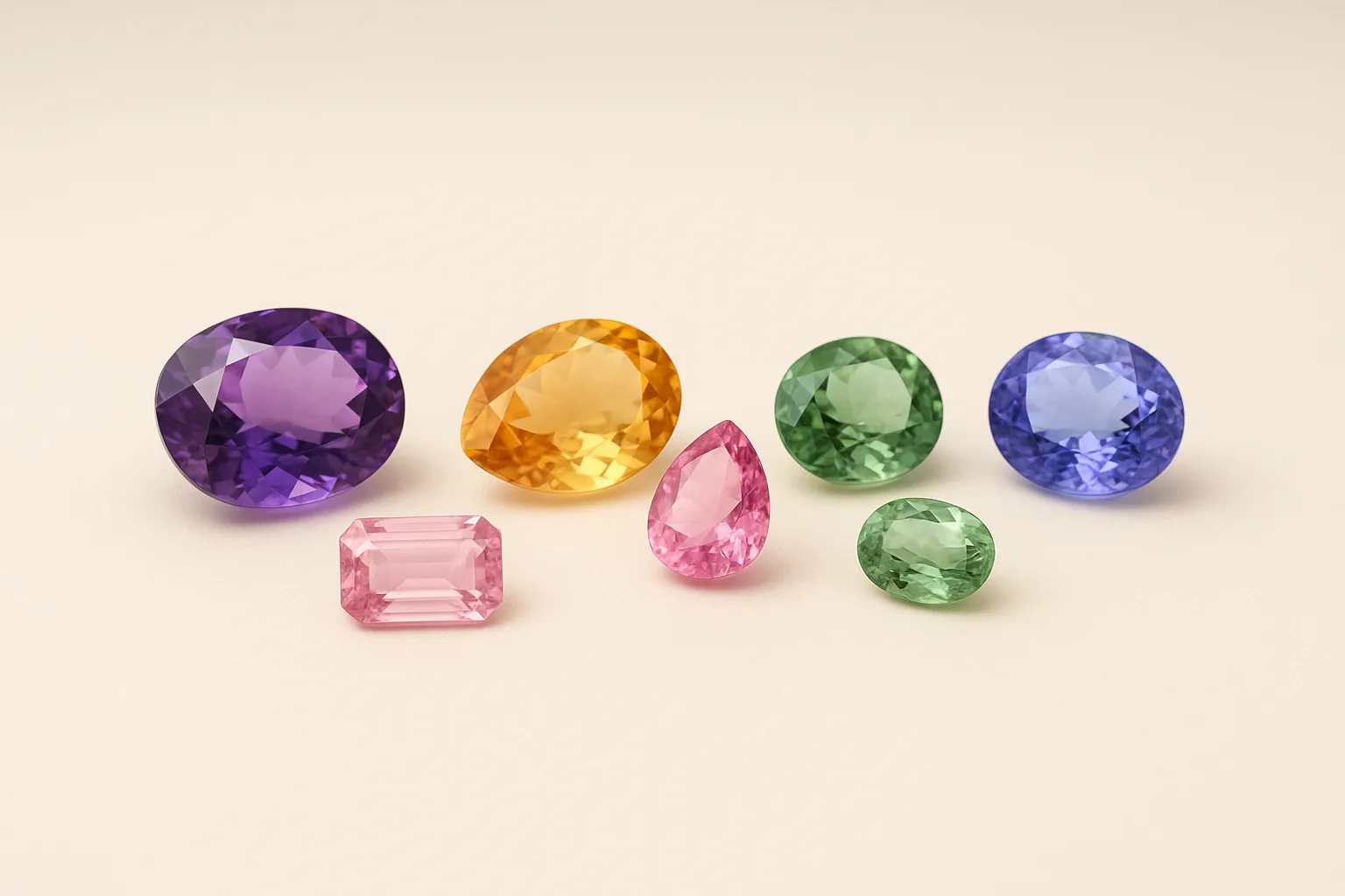 Faceted semi-precious stones — amethyst, citrine, tourmaline and tanzanite — evenly spaced.
