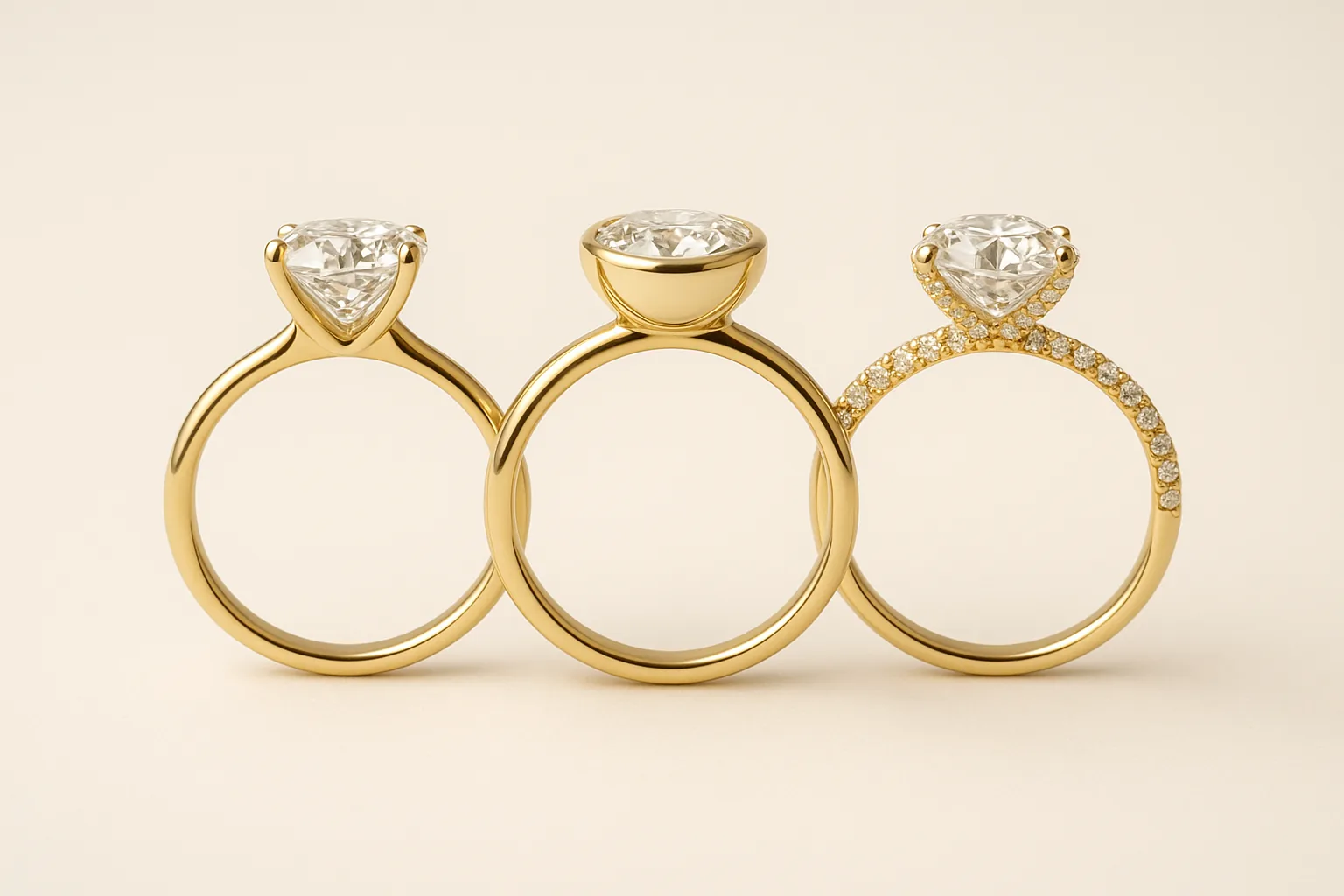 Three yellow gold rings side by side, each holding its diamond differently — slender prongs, a smooth bezel rim, and a band set with tiny stones.