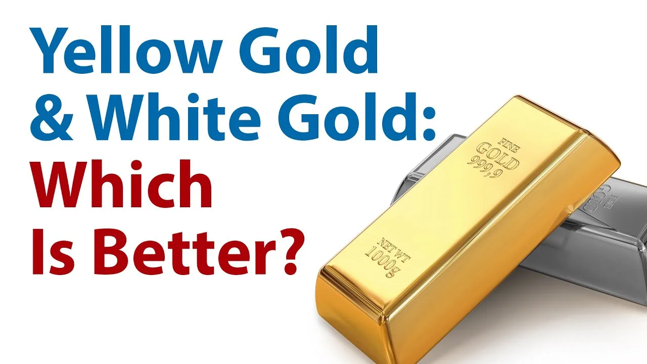 Title card for the video comparing yellow gold and white gold, showing a gold bar resting on a white gold bar.