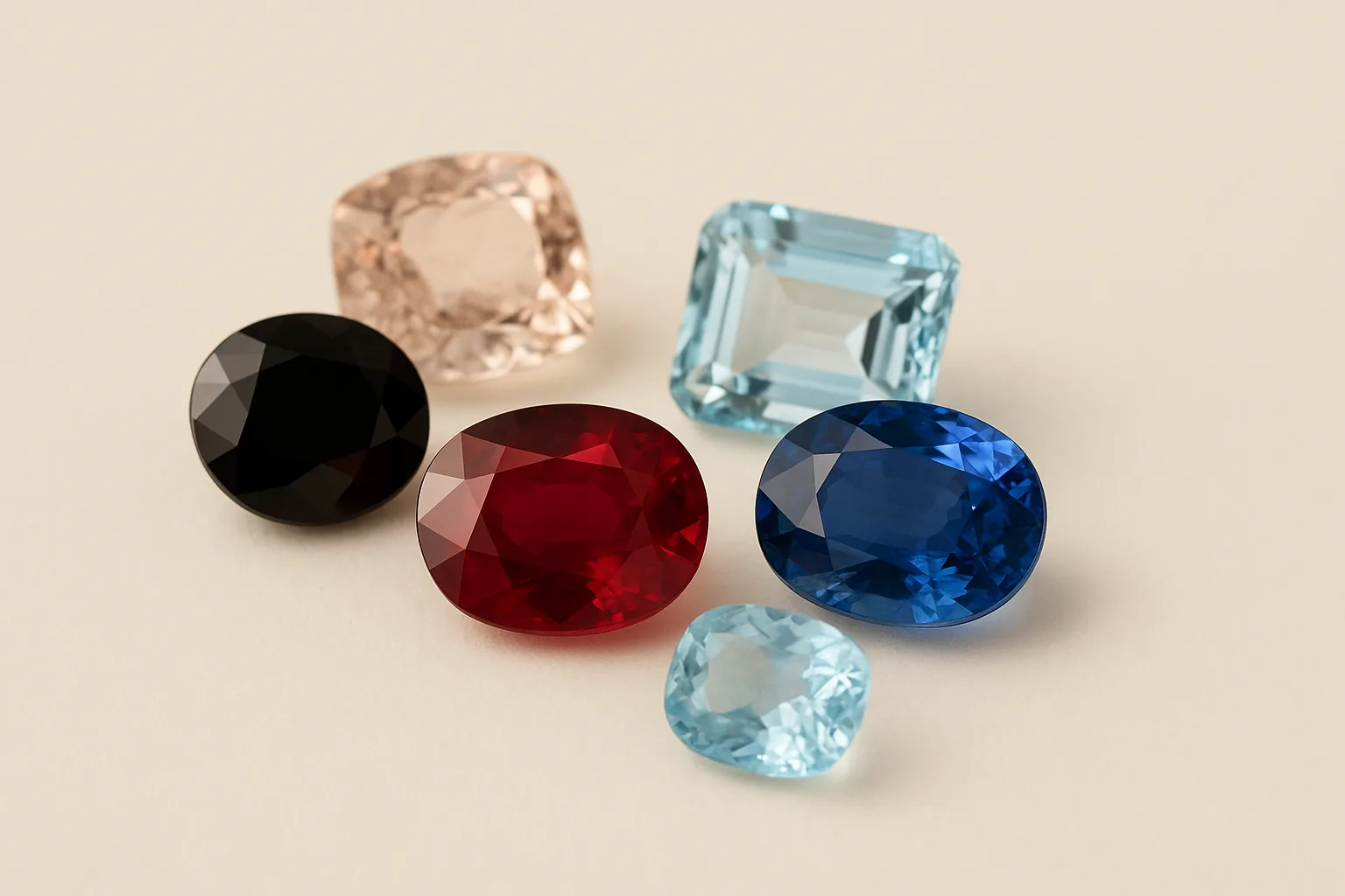 Un grupo de piedras facetadas en rojo, azul profundo, negro, rosa melocotón y azul pálido, en tallas ovalada, cojín y esmeralda.