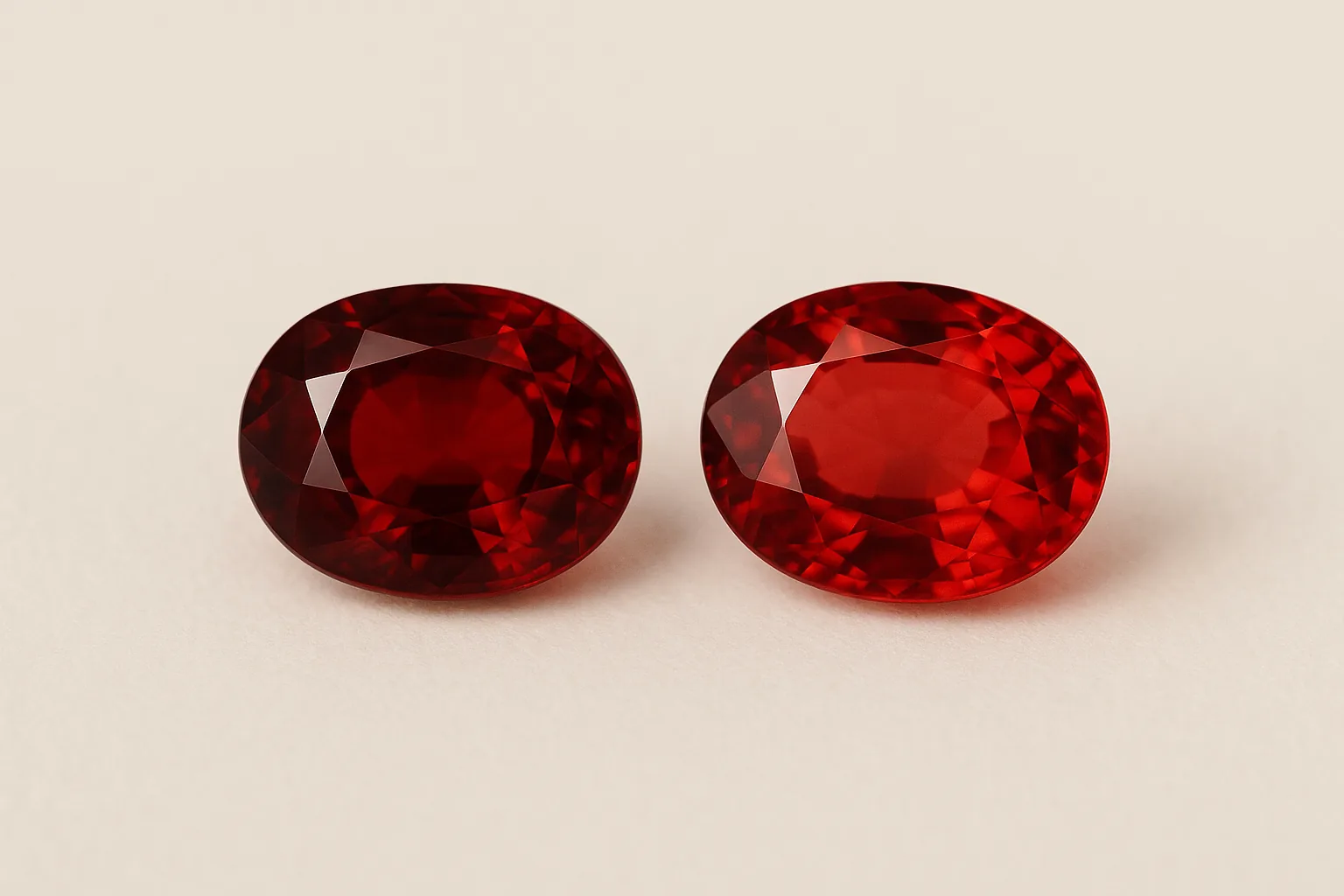 Dos piedras rojas de talla ovalada, una junto a otra, casi idénticas en tamaño, talla y color.