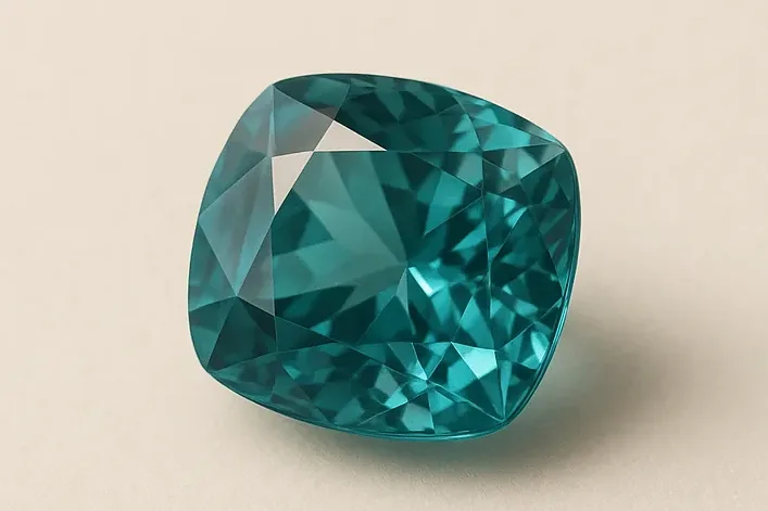 A single loose alexandrite showing its daylight colour, a cool bluish green, cushion cut on a warm ivory surface.